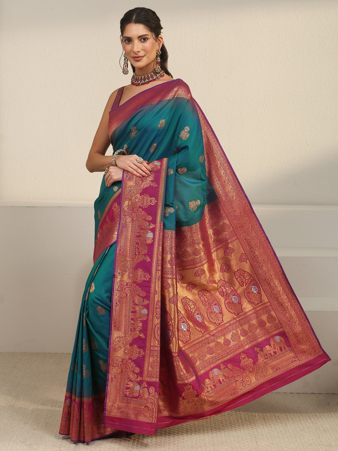 Mameraa Cerulean Blue and Pink Woven Design Silk Blend Banarasi Saree