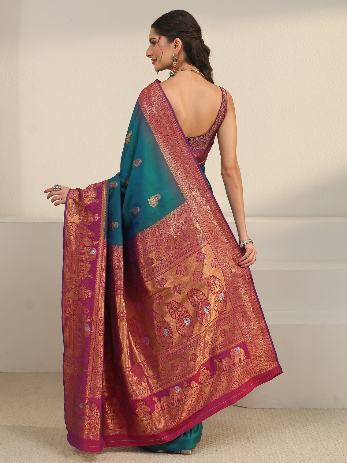 Mameraa Cerulean Blue and Pink Woven Design Silk Blend Banarasi Saree