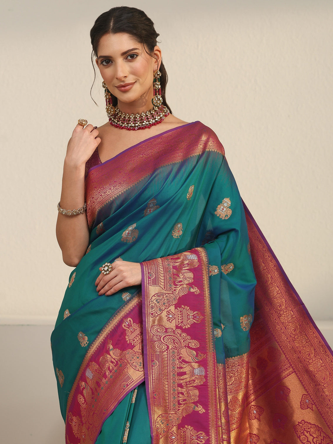 Mameraa Cerulean Blue and Pink Woven Design Silk Blend Banarasi Saree