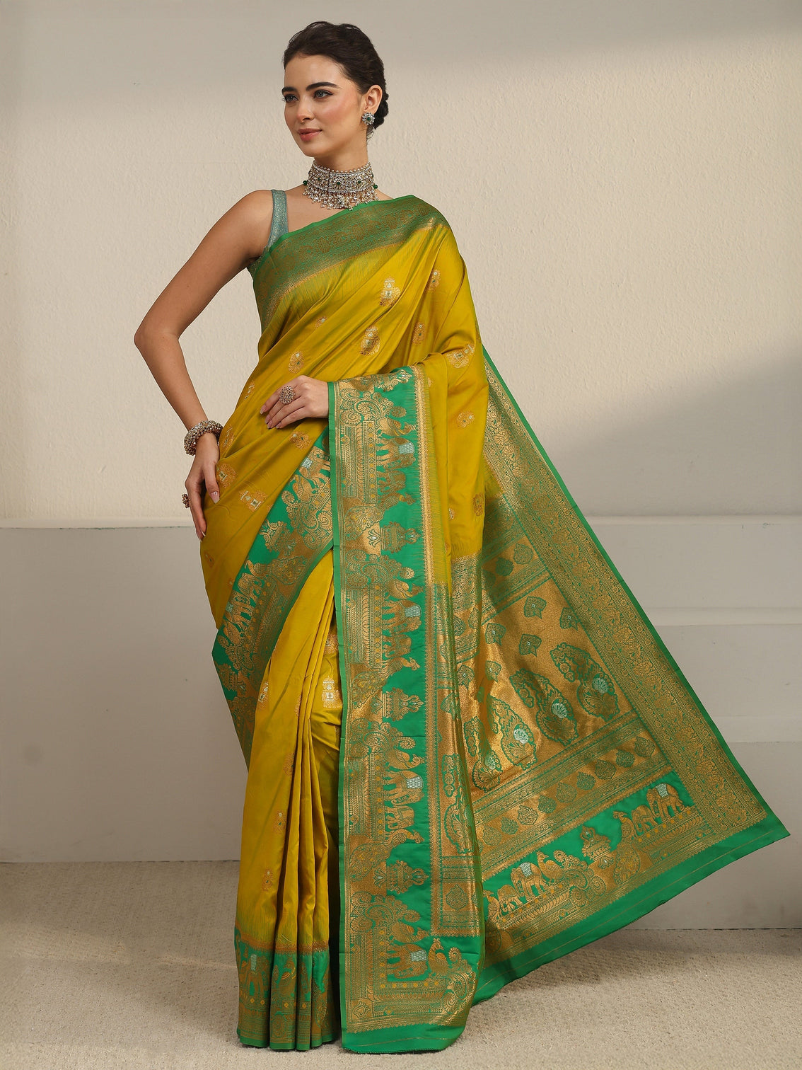 Mameraa Lemon Green and Green Woven Design Silk Blend Banarasi Saree