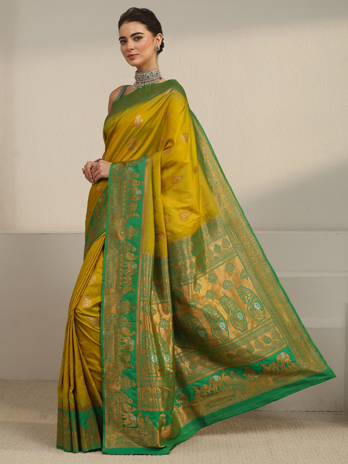 Mameraa Lemon Green and Green Woven Design Silk Blend Banarasi Saree