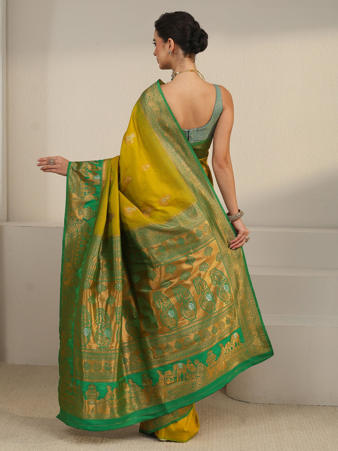 Mameraa Lemon Green and Green Woven Design Silk Blend Banarasi Saree