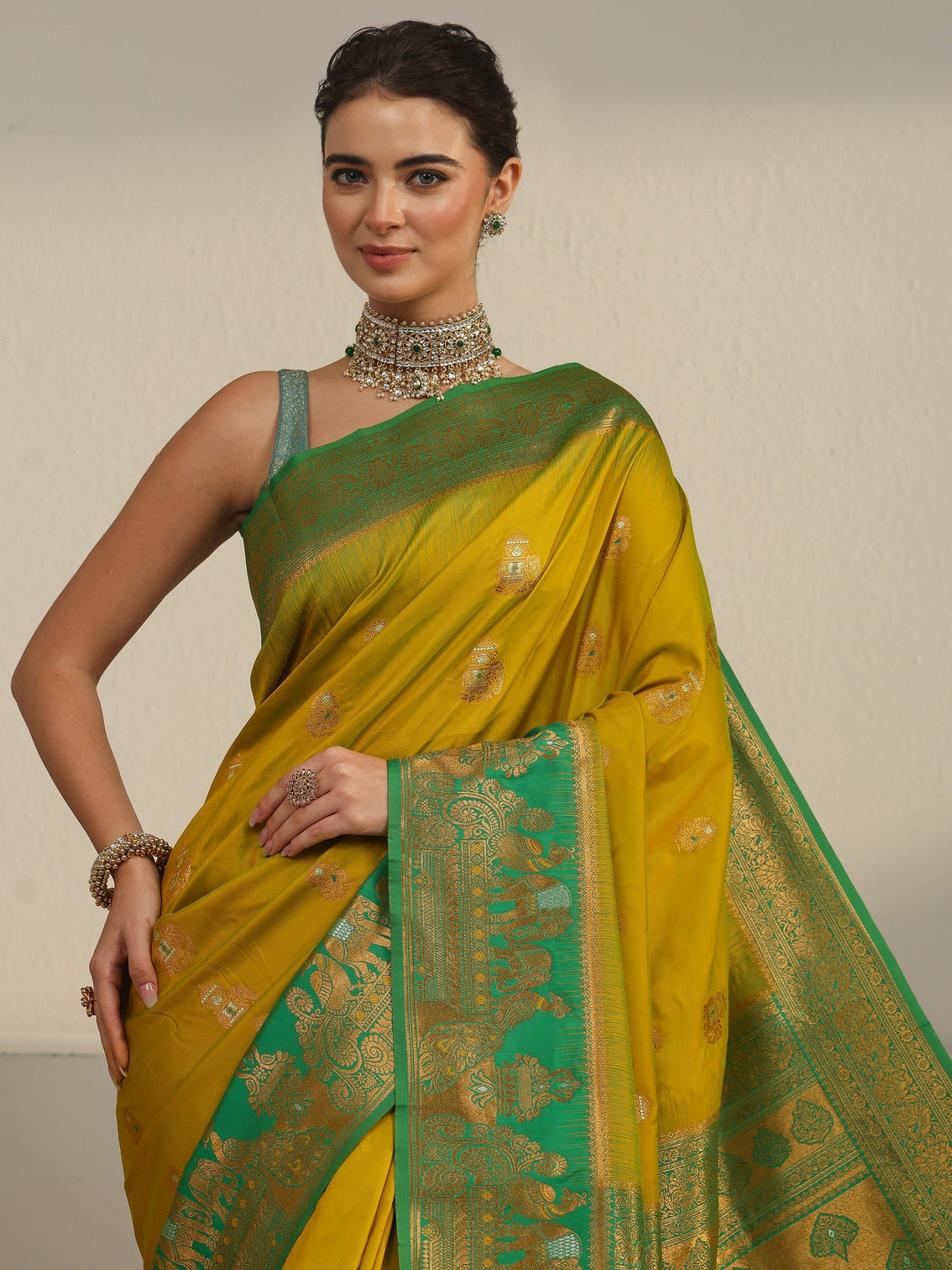 Mameraa Lemon Green and Green Woven Design Silk Blend Banarasi Saree