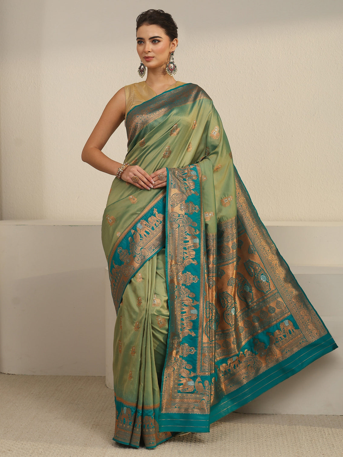 Mameraa Sap Green and Blue Woven Design Silk Blend Banarasi Saree