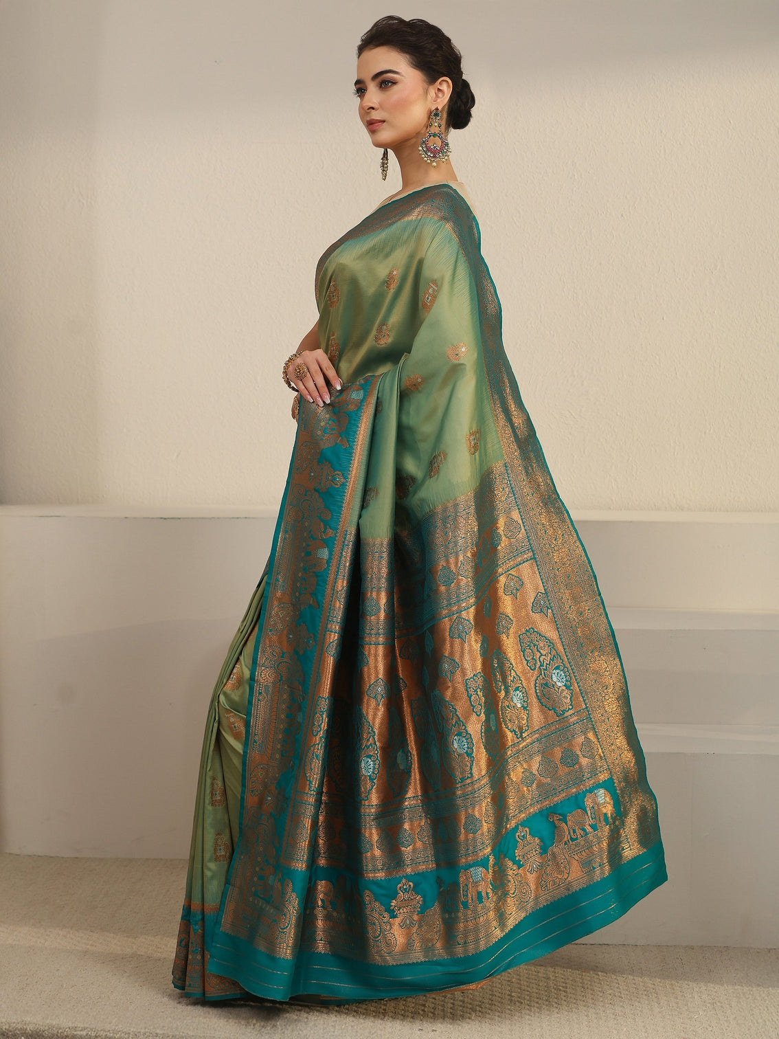 Mameraa Sap Green and Blue Woven Design Silk Blend Banarasi Saree