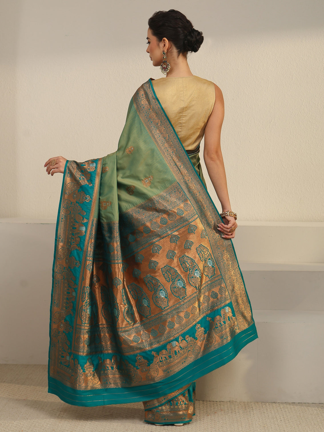 Mameraa Sap Green and Blue Woven Design Silk Blend Banarasi Saree