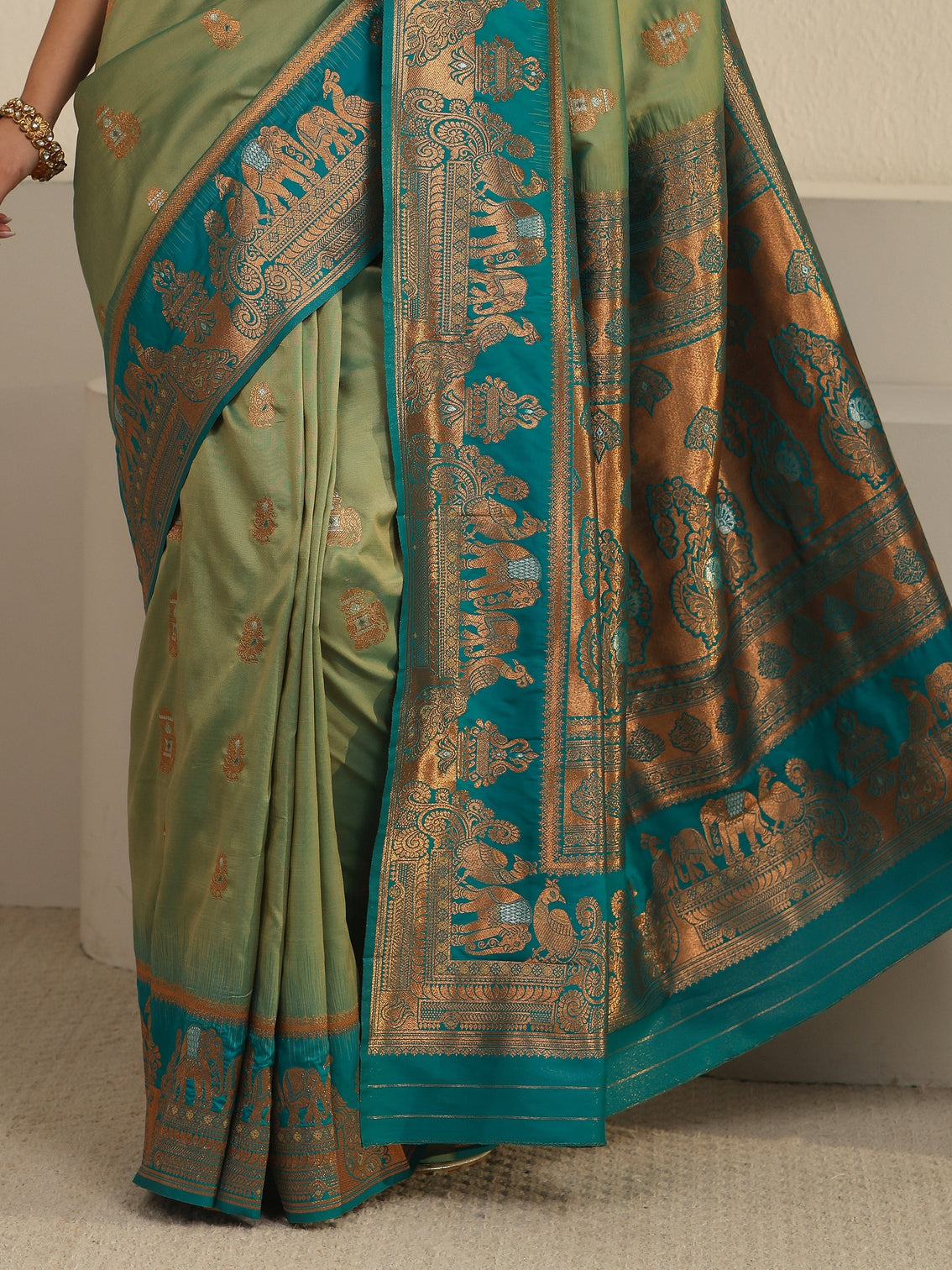 Mameraa Sap Green and Blue Woven Design Silk Blend Banarasi Saree