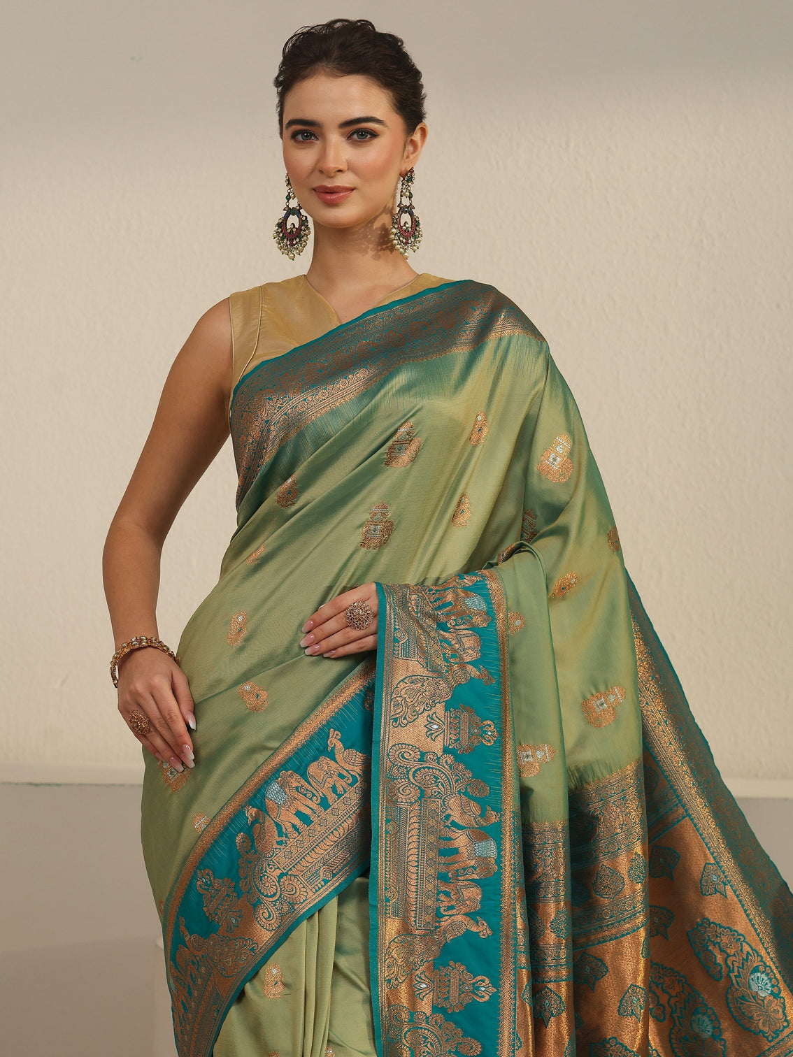 Mameraa Sap Green and Blue Woven Design Silk Blend Banarasi Saree