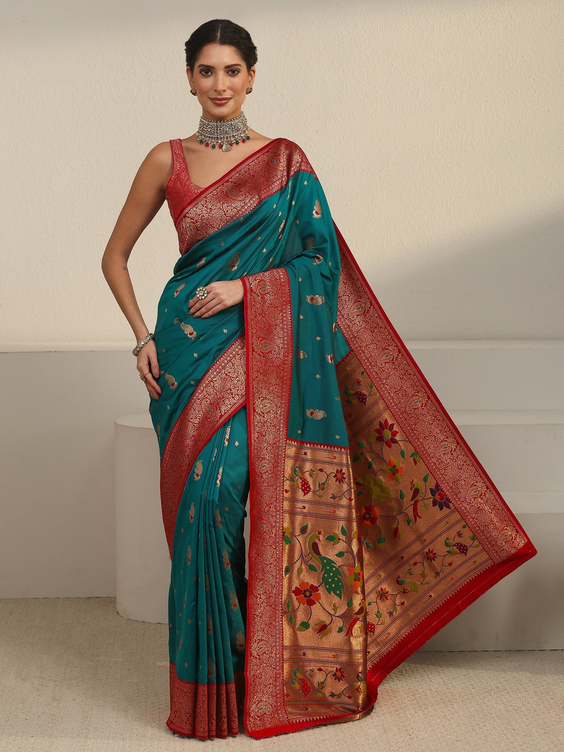 Mameraa Cerulean Blue and Red Silk Blend Paithani Saree