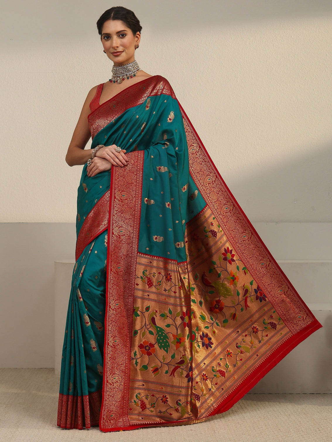 Mameraa Cerulean Blue and Red Silk Blend Paithani Saree