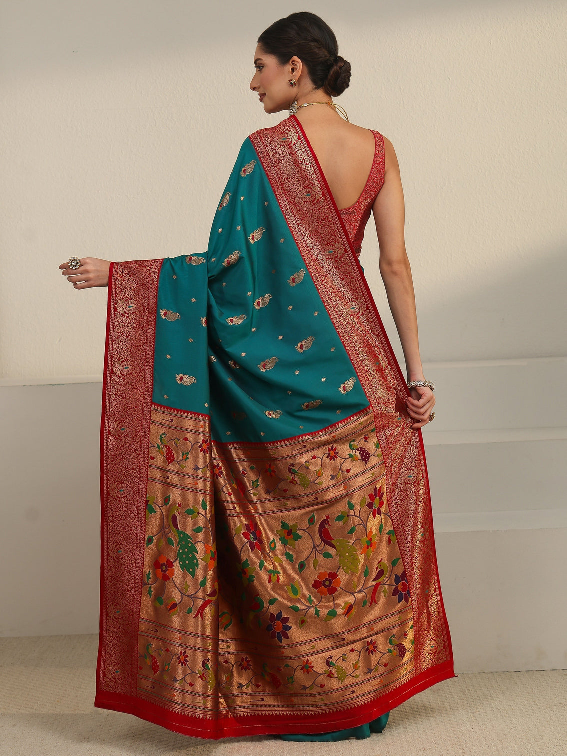 Mameraa Cerulean Blue and Red Silk Blend Paithani Saree