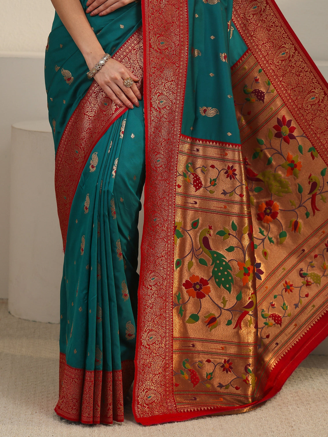 Mameraa Cerulean Blue and Red Silk Blend Paithani Saree