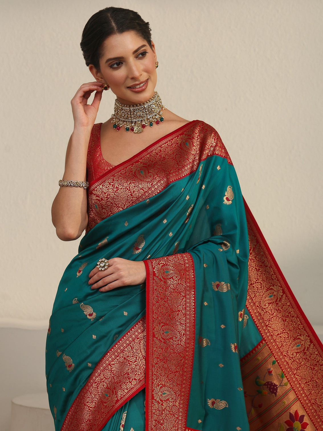 Mameraa Cerulean Blue and Red Silk Blend Paithani Saree