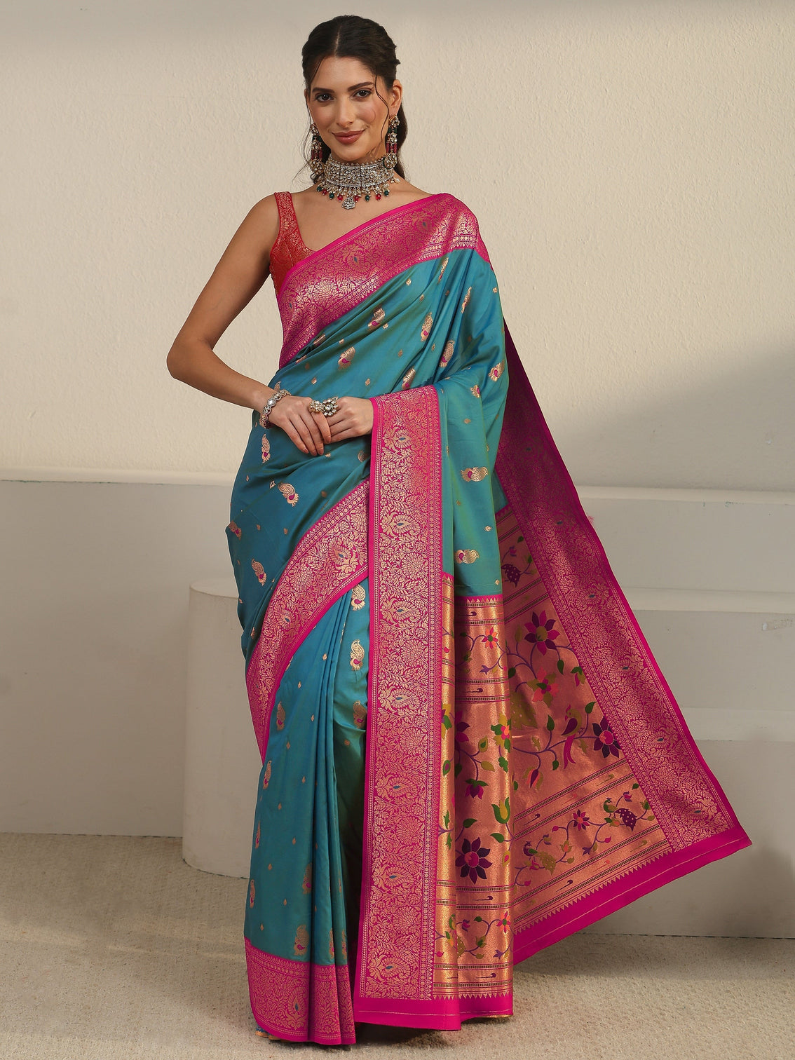 Mameraa Aqua Blue and Pink Silk Blend Paithani Saree