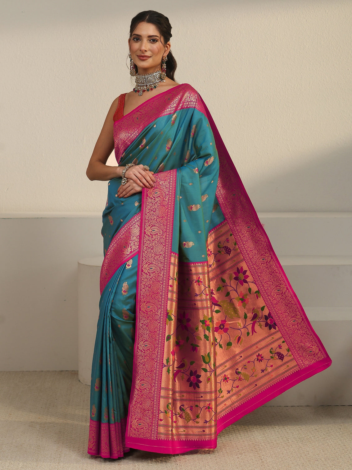 Mameraa Aqua Blue and Pink Silk Blend Paithani Saree