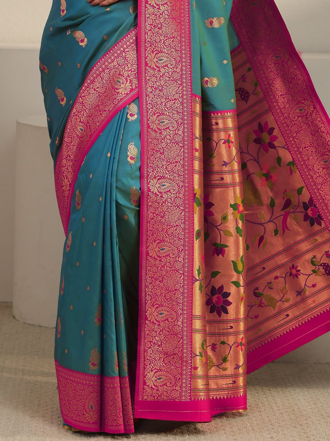 Mameraa Aqua Blue and Pink Silk Blend Paithani Saree