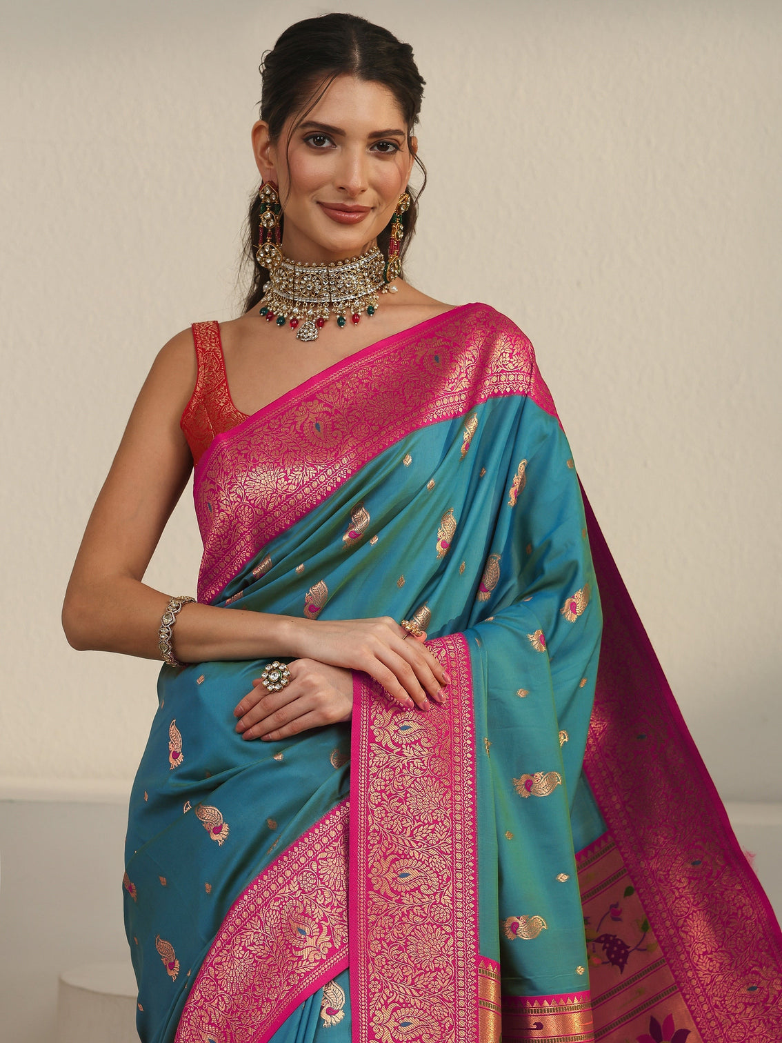 Mameraa Aqua Blue and Pink Silk Blend Paithani Saree