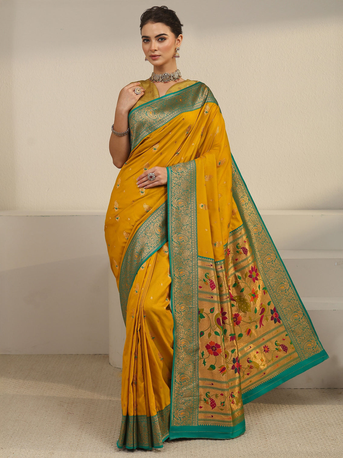 Mameraa Mustard and Green Silk Blend Paithani Saree