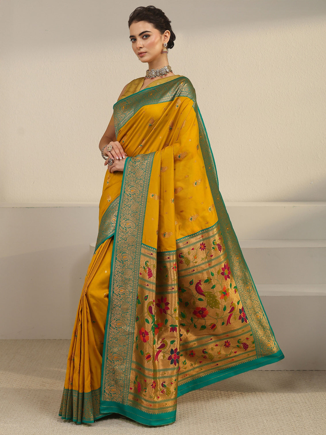 Mameraa Mustard and Green Silk Blend Paithani Saree