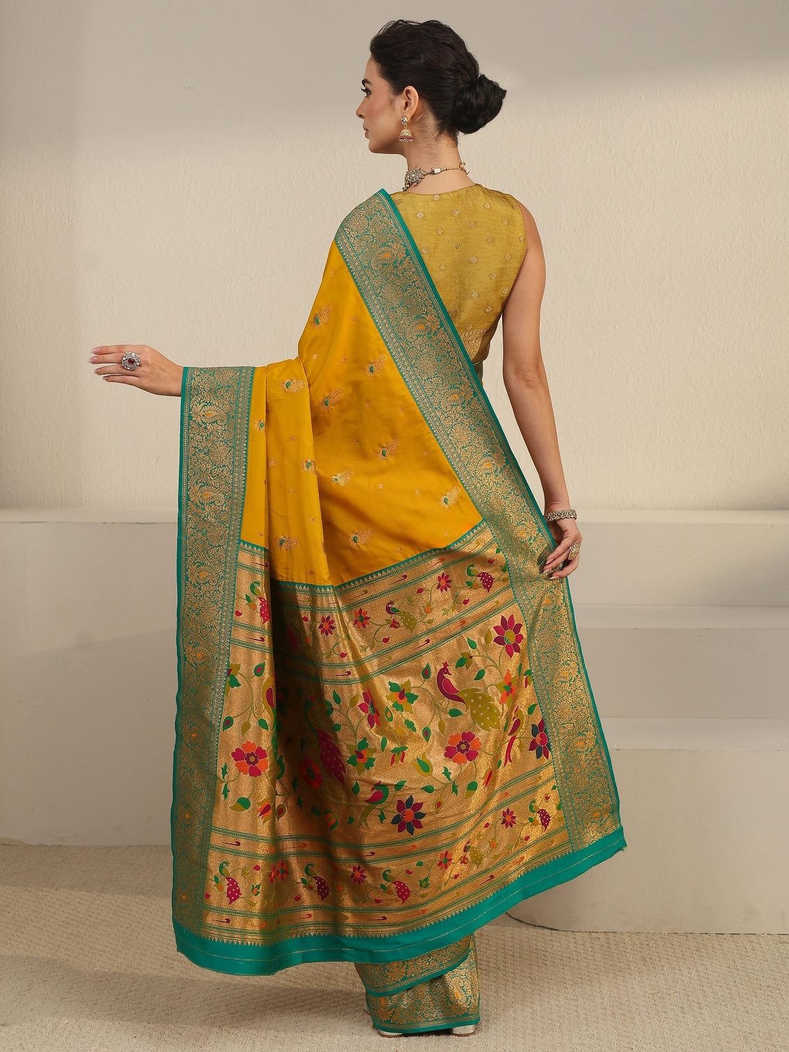 Mameraa Mustard and Green Silk Blend Paithani Saree