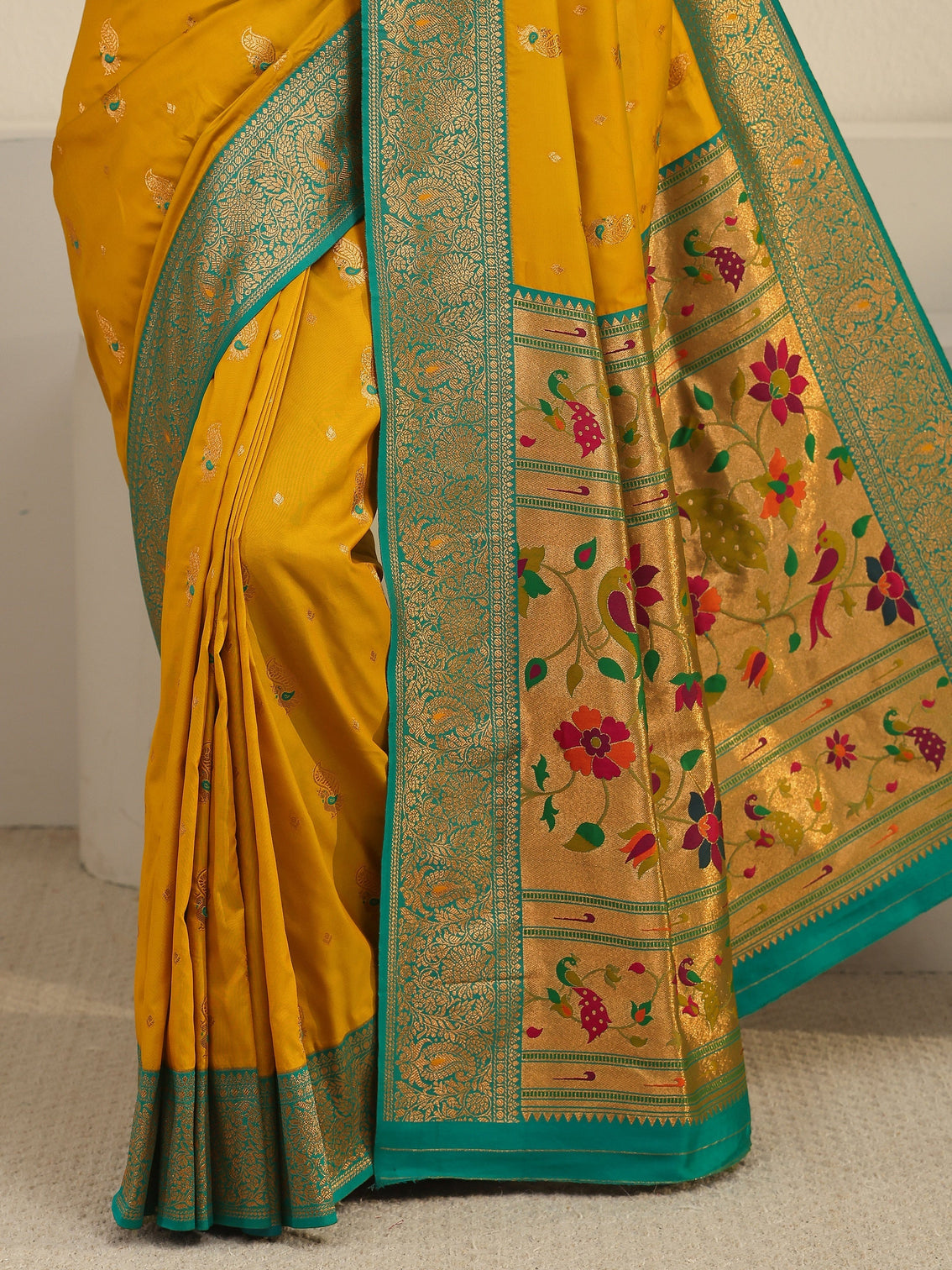 Mameraa Mustard and Green Silk Blend Paithani Saree
