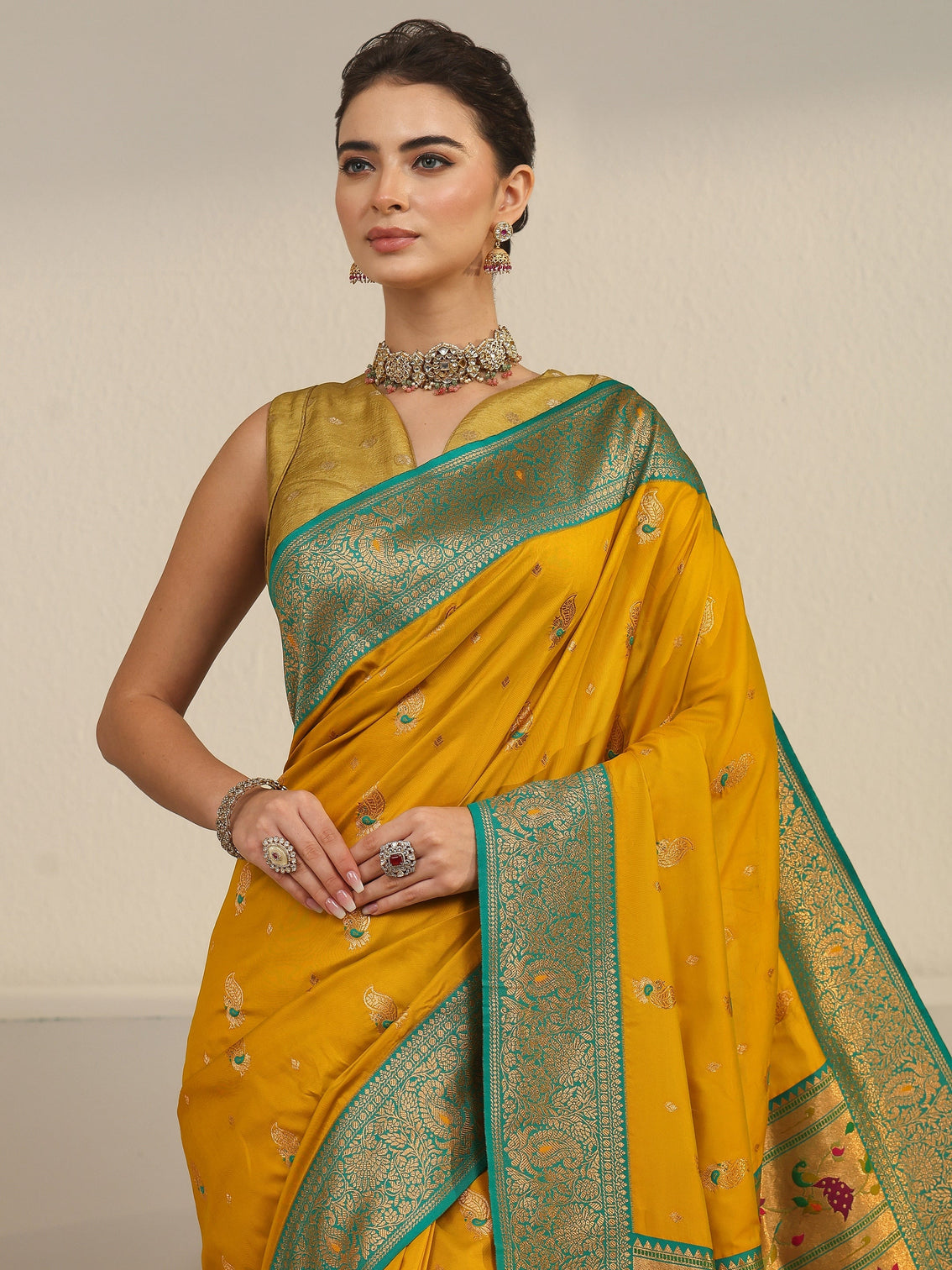 Mameraa Mustard and Green Silk Blend Paithani Saree