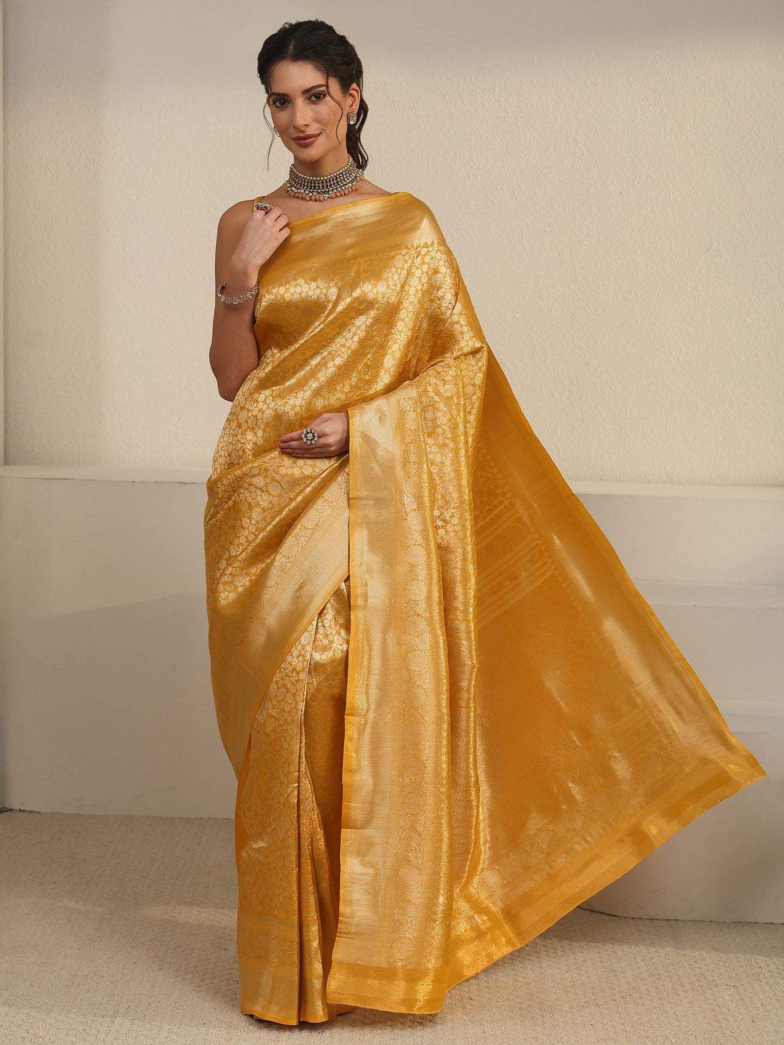 Mameraa Mustard Floral Woven Texture Silk Blend Saree