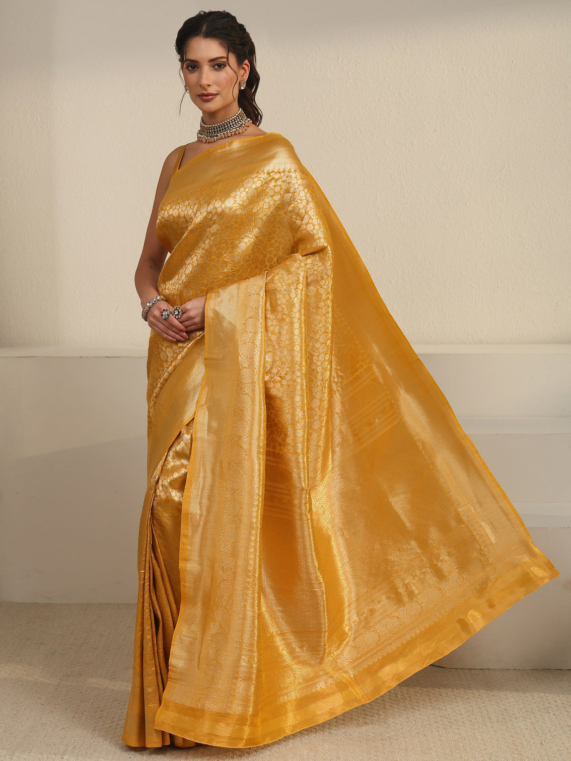 Mameraa Mustard Floral Woven Texture Silk Blend Saree