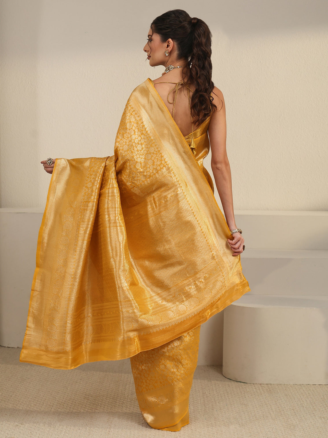 Mameraa Mustard Floral Woven Texture Silk Blend Saree