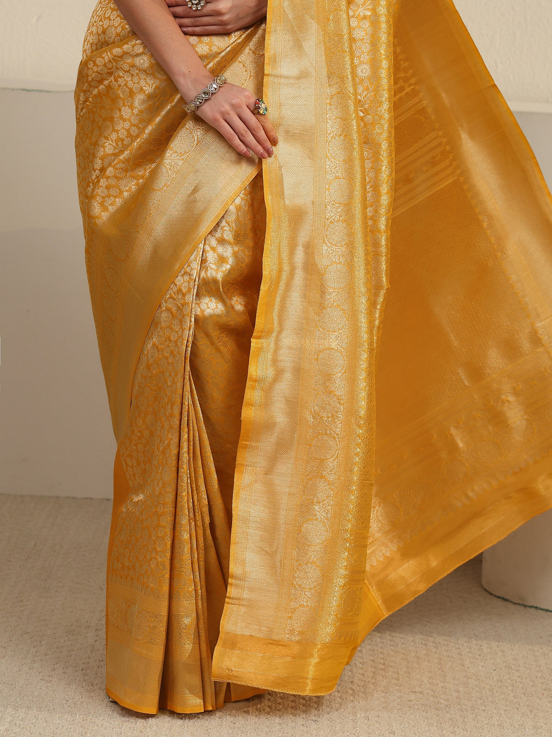 Mameraa Mustard Floral Woven Texture Silk Blend Saree