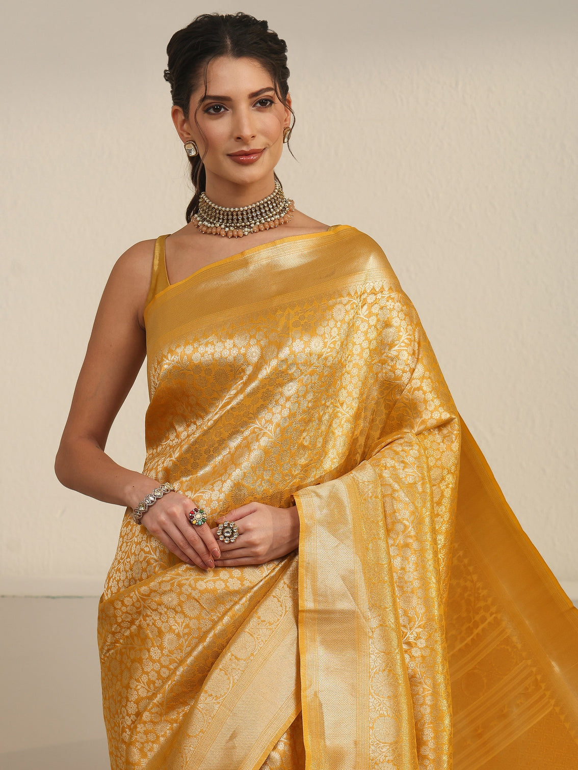 Mameraa Mustard Floral Woven Texture Silk Blend Saree