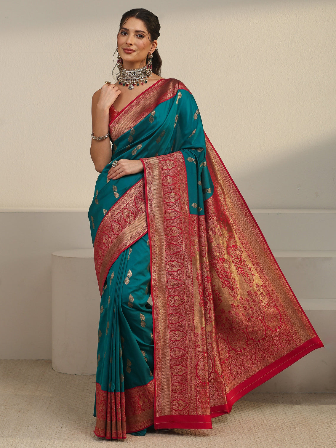Mameraa Blue and Red Banarasi Silk Blend Saree