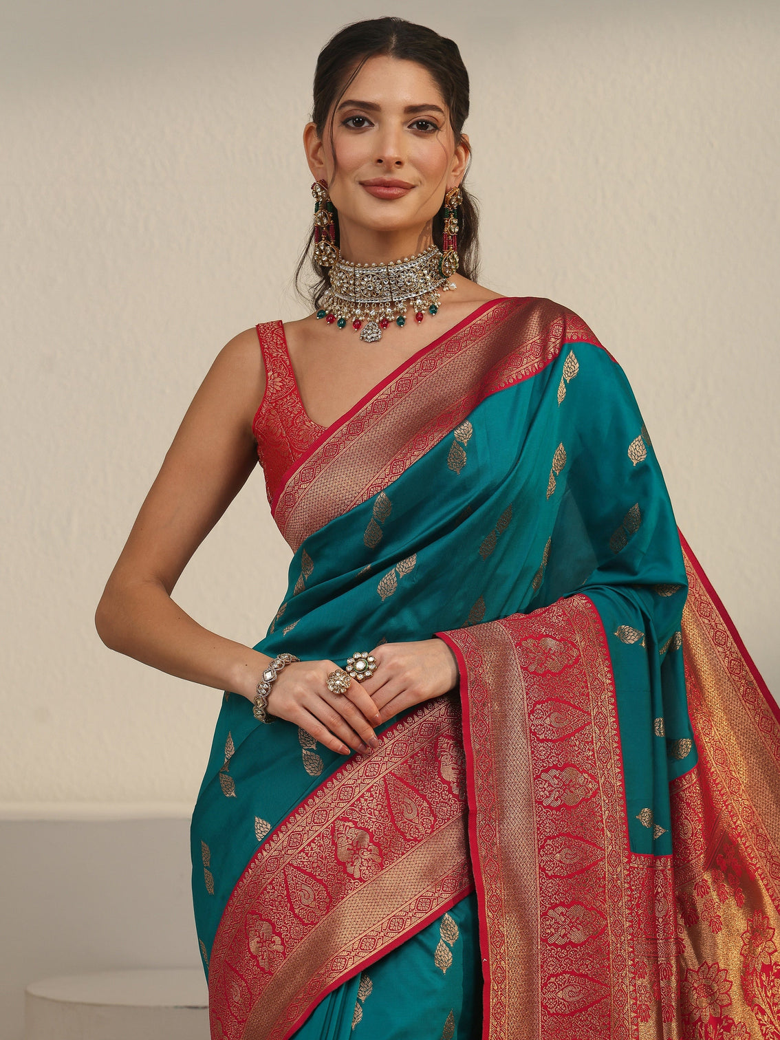 Mameraa Blue and Red Banarasi Silk Blend Saree
