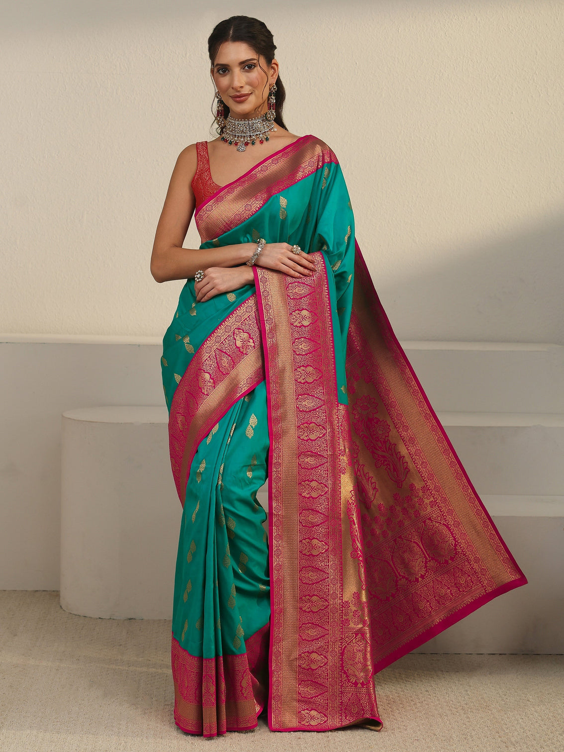 Mameraa Sea Green and Pink Banarasi Silk Blend Saree