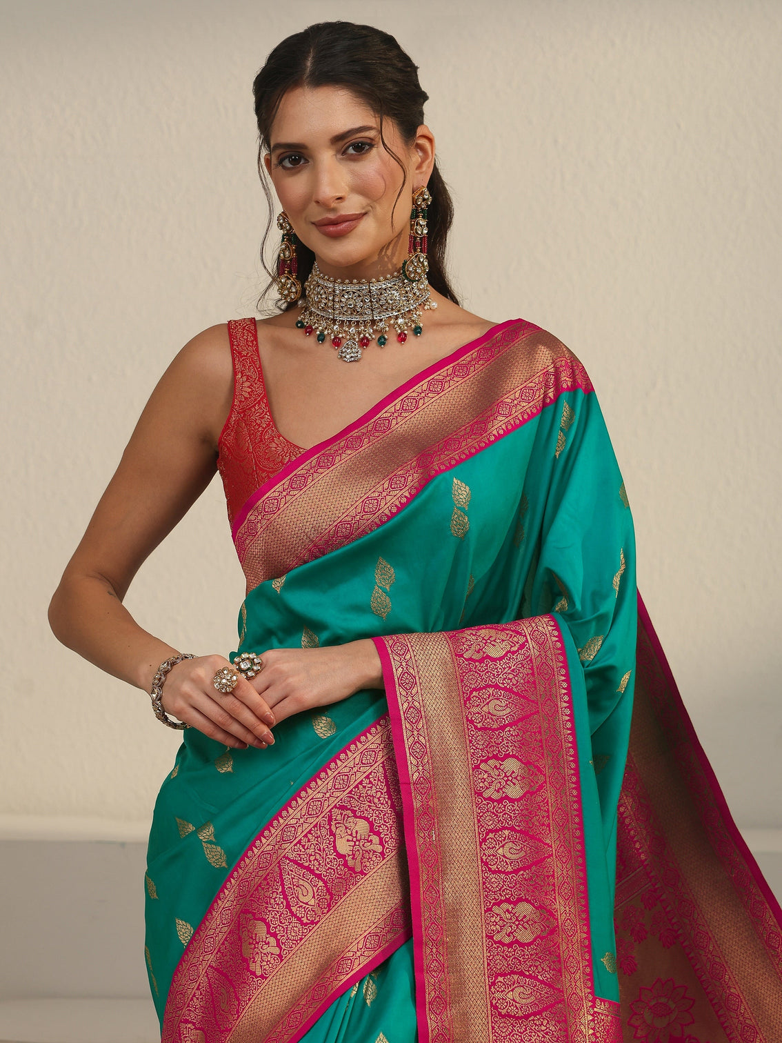 Mameraa Sea Green and Pink Banarasi Silk Blend Saree
