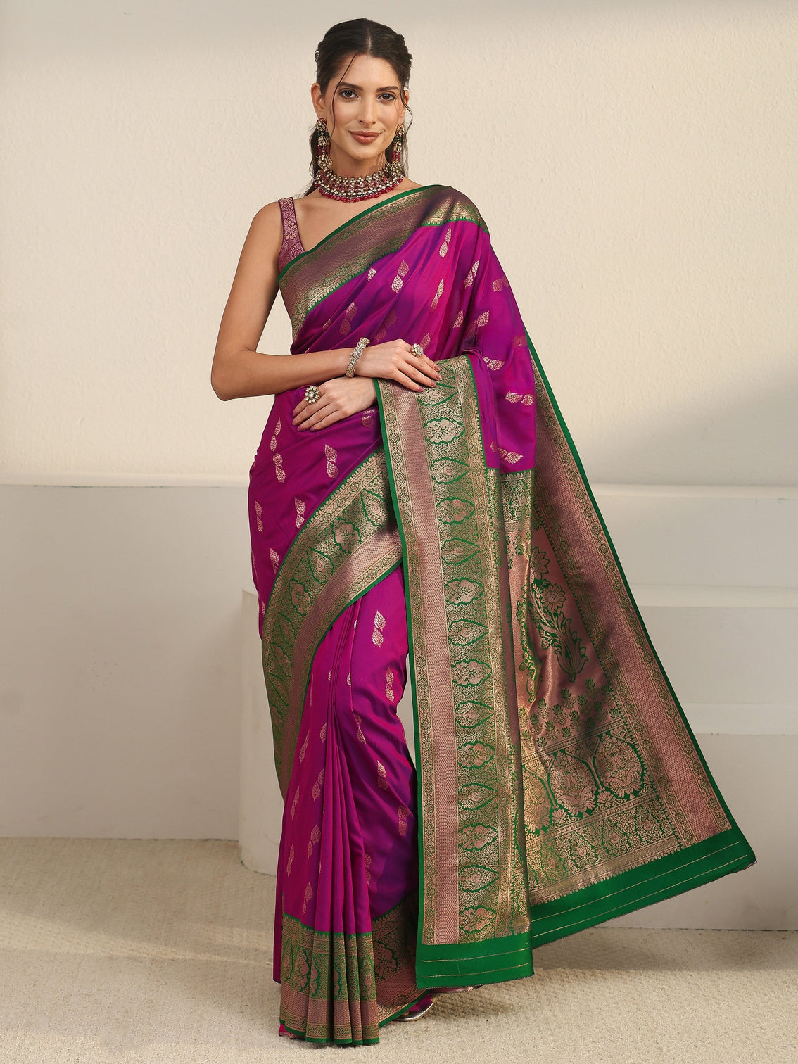 Mameraa Wine and Green Banarasi Silk Blend Saree