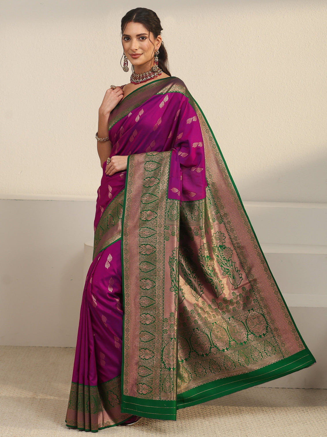 Mameraa Wine and Green Banarasi Silk Blend Saree