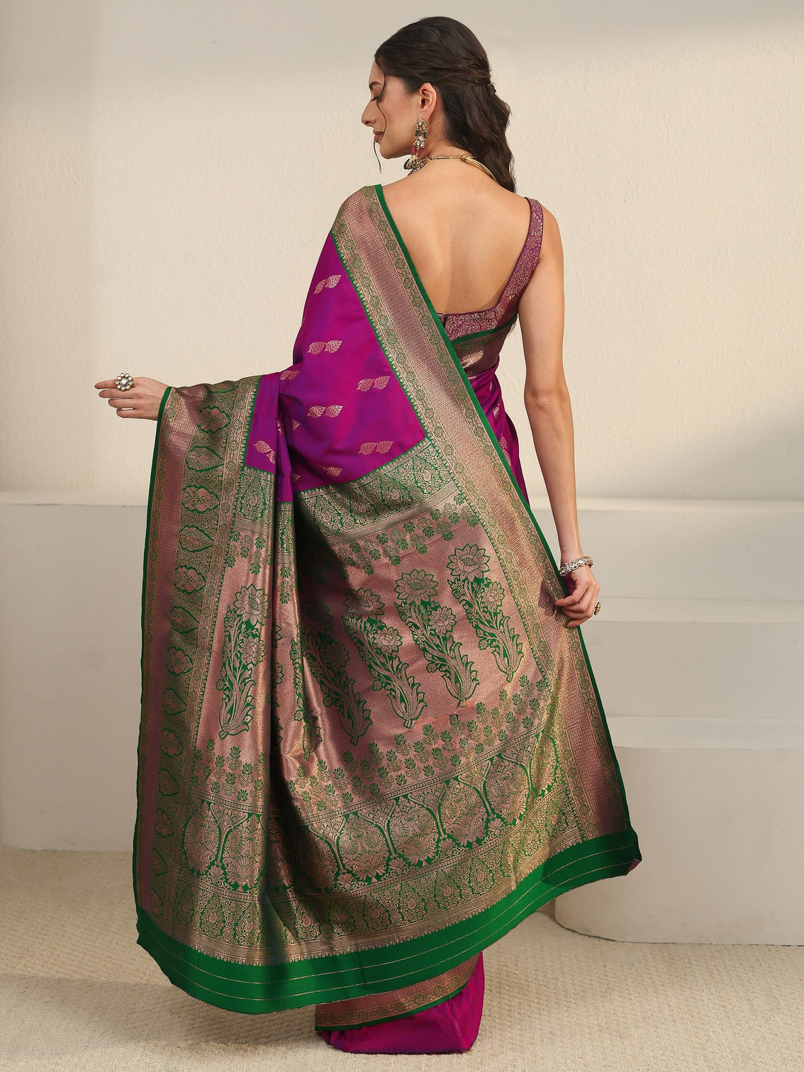 Mameraa Wine and Green Banarasi Silk Blend Saree
