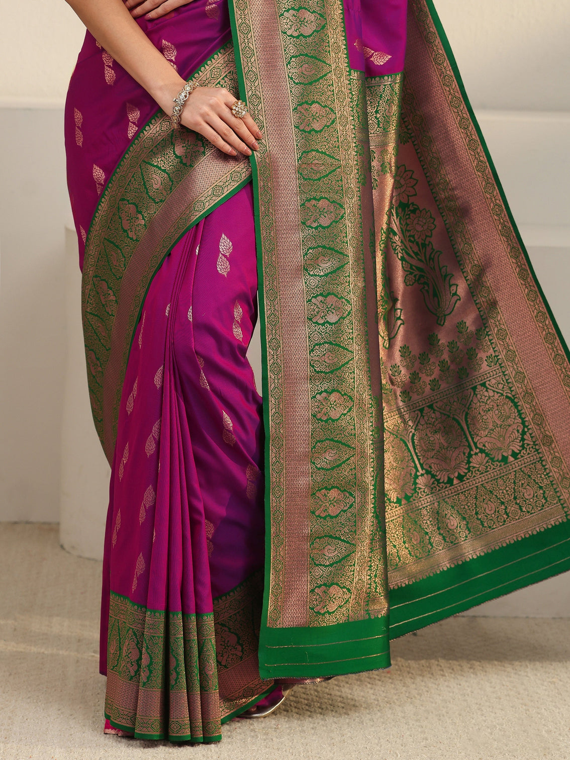 Mameraa Wine and Green Banarasi Silk Blend Saree