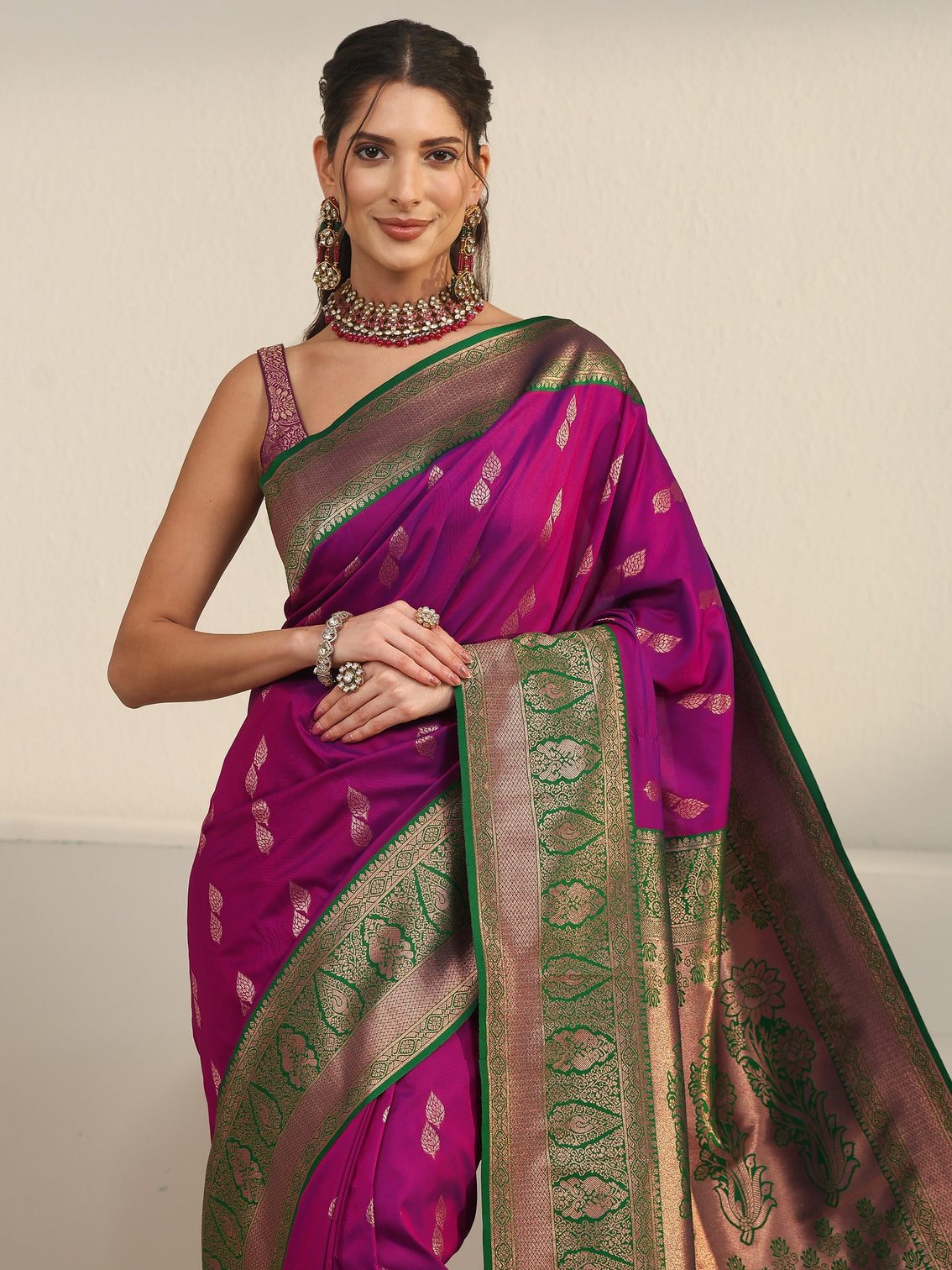Mameraa Wine and Green Banarasi Silk Blend Saree