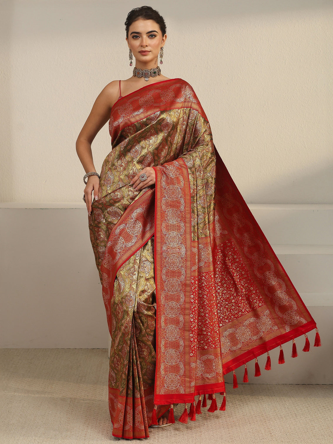 Mameraa Copper and Green Woven Design Silk Blend Saree
