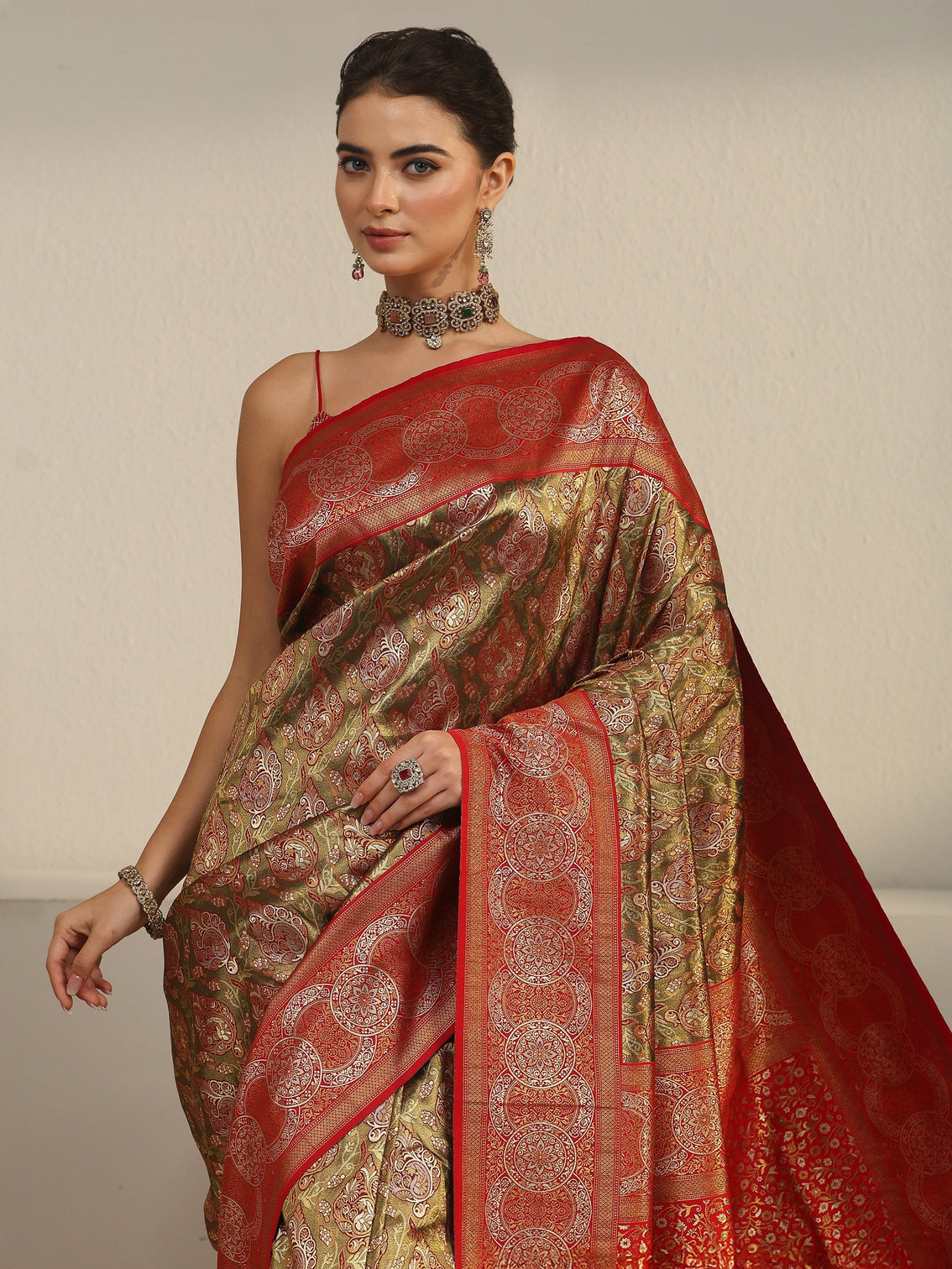 Mameraa Copper and Green Woven Design Silk Blend Saree