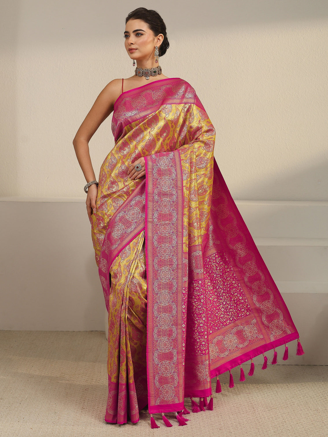 Mameraa Mustard and Pink Woven Design Silk Blend Saree