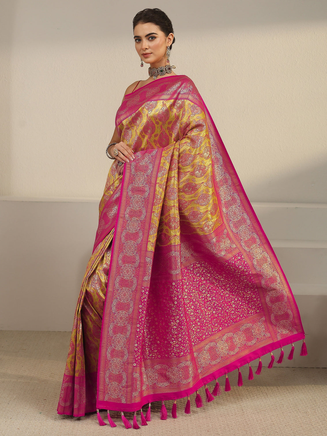 Mameraa Mustard and Pink Woven Design Silk Blend Saree