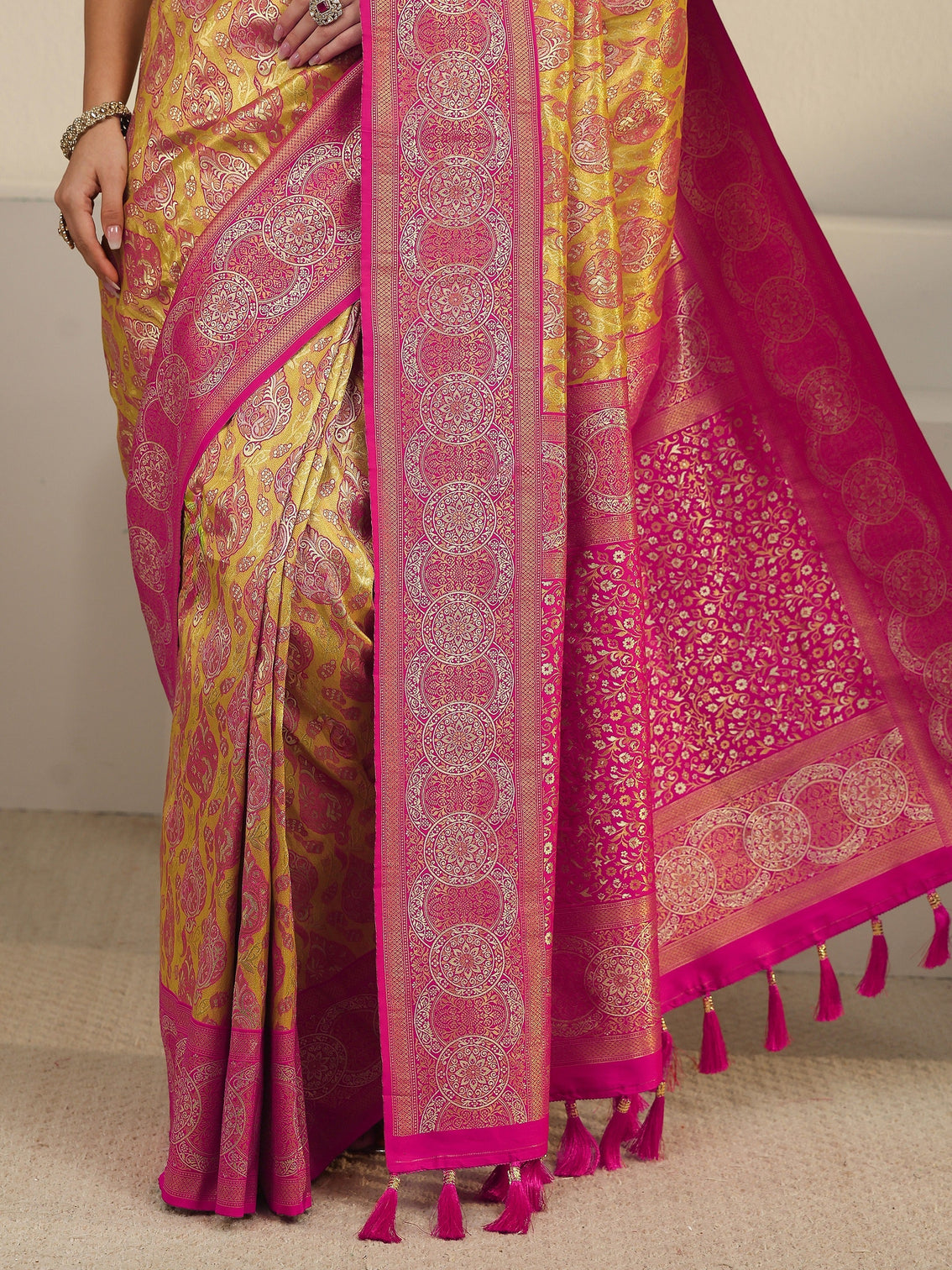 Mameraa Mustard and Pink Woven Design Silk Blend Saree