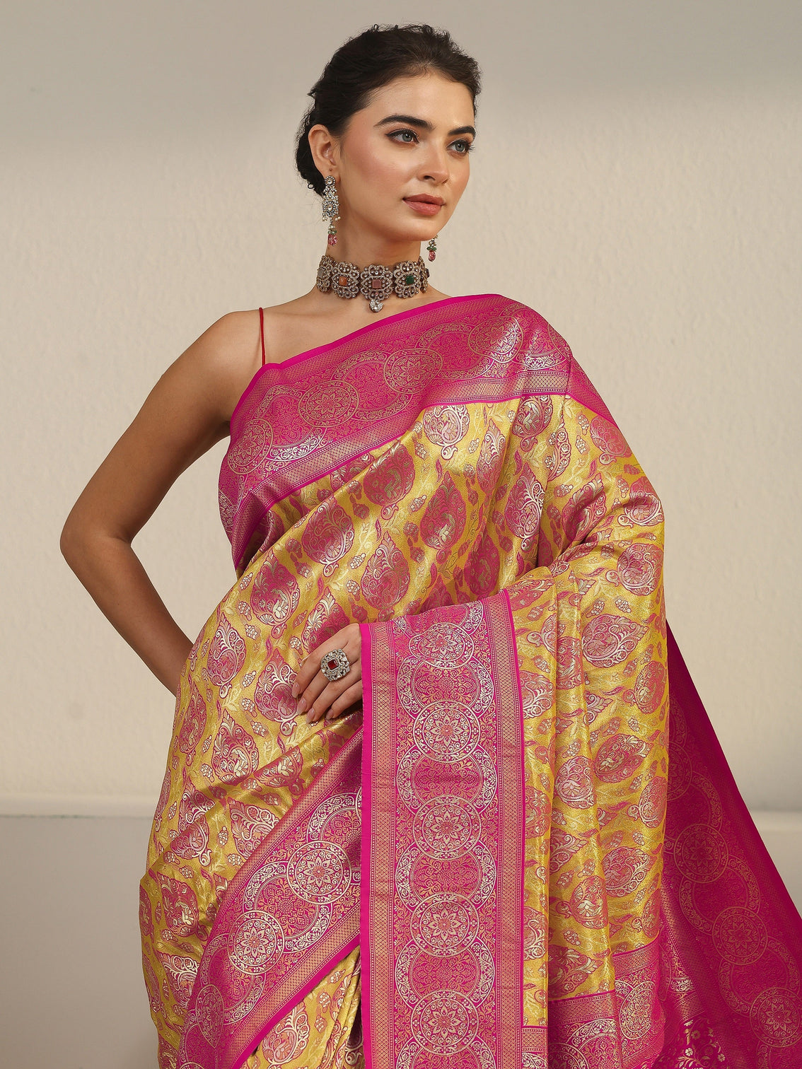 Mameraa Mustard and Pink Woven Design Silk Blend Saree