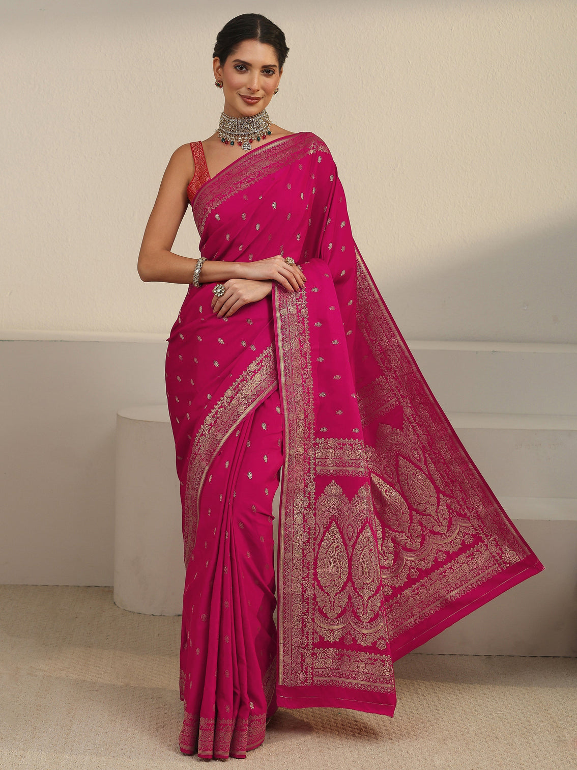 Mameraa Rani Pink Woven Design Satin Saree