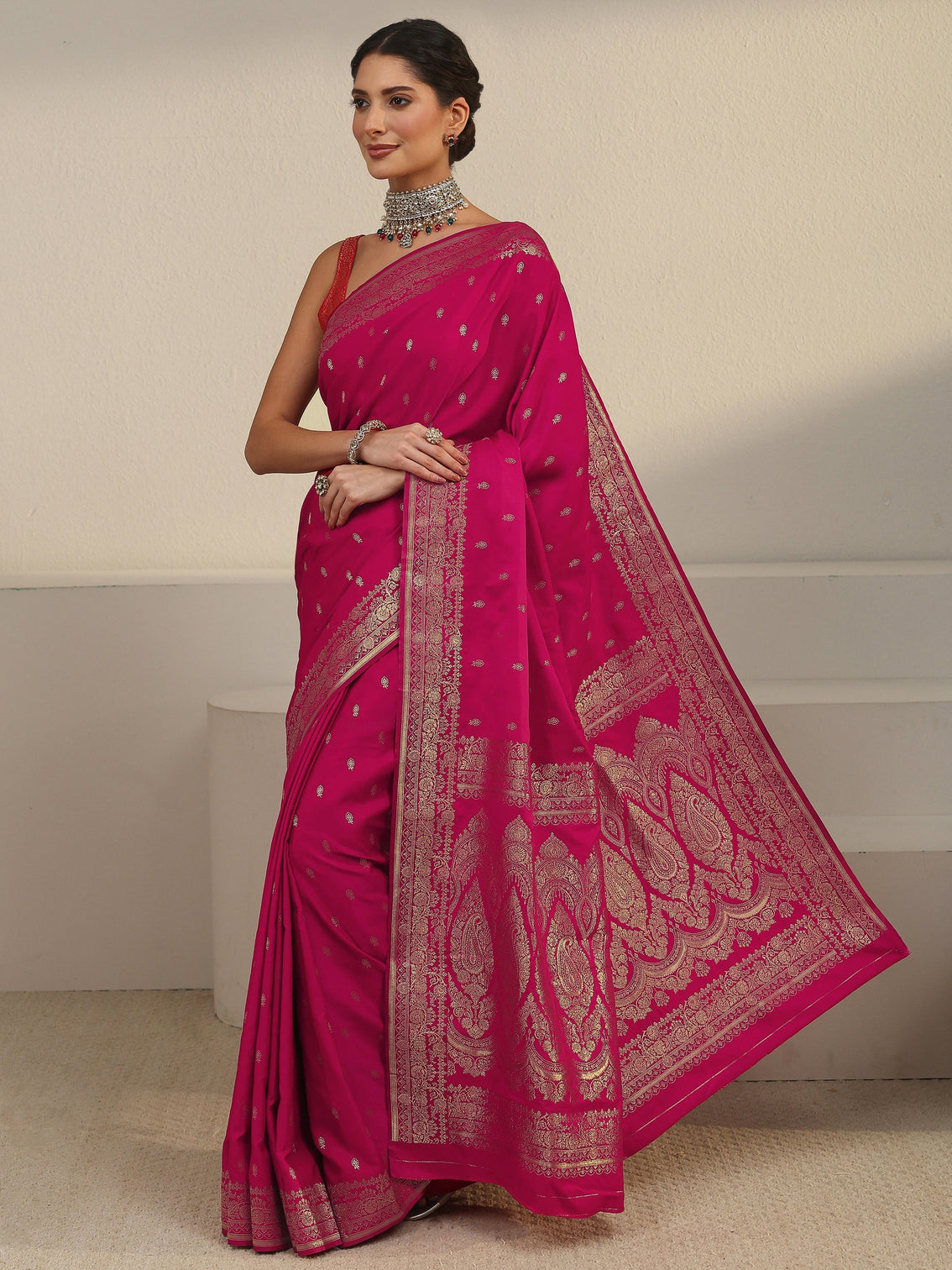 Mameraa Rani Pink Woven Design Satin Saree