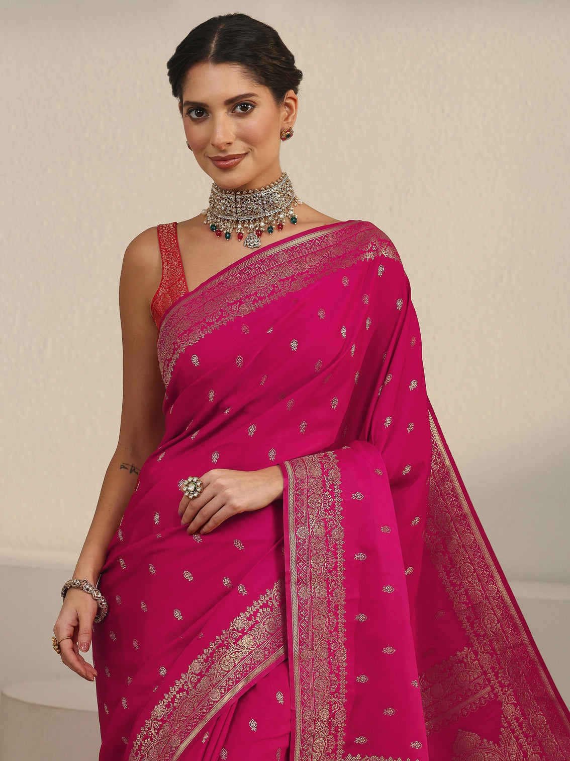 Mameraa Rani Pink Woven Design Satin Saree