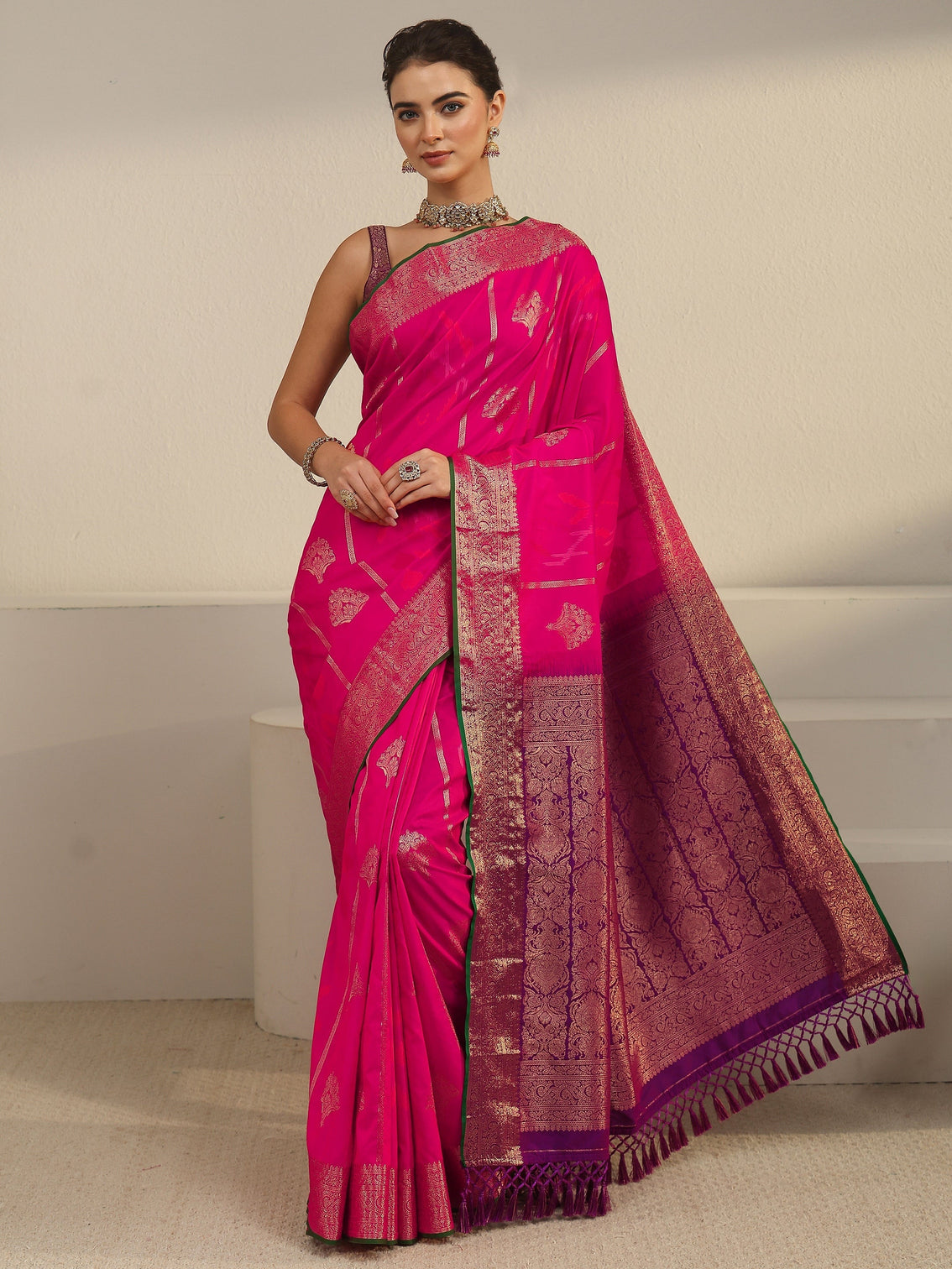 Mameraa Fuchsia Pink Woven Design Silk Blend Tassel Saree